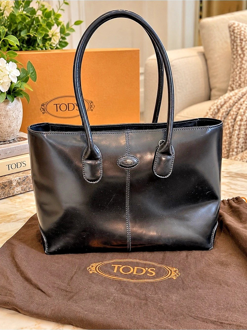 Vintage Tod’s Black Leather Tote Shoulder Bag + Dust Bag